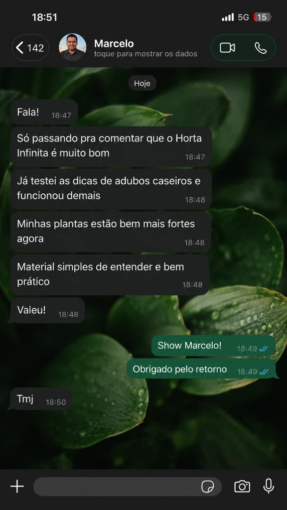 Conversa de WhatsApp de Marcelo elogiando as dicas de cultivo em casa