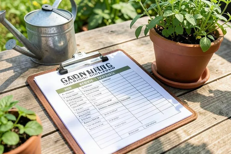Checklist semanal da horta em prancheta ao lado de regador