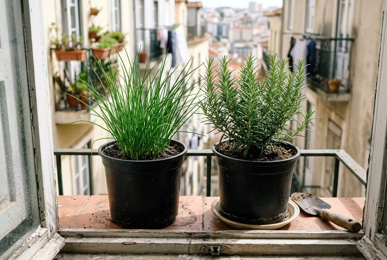 Vasos com cebolinha e alecrim em varanda
