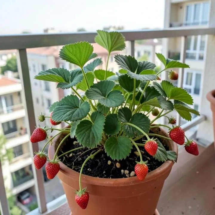 Morangueiro com frutos maduros em vaso